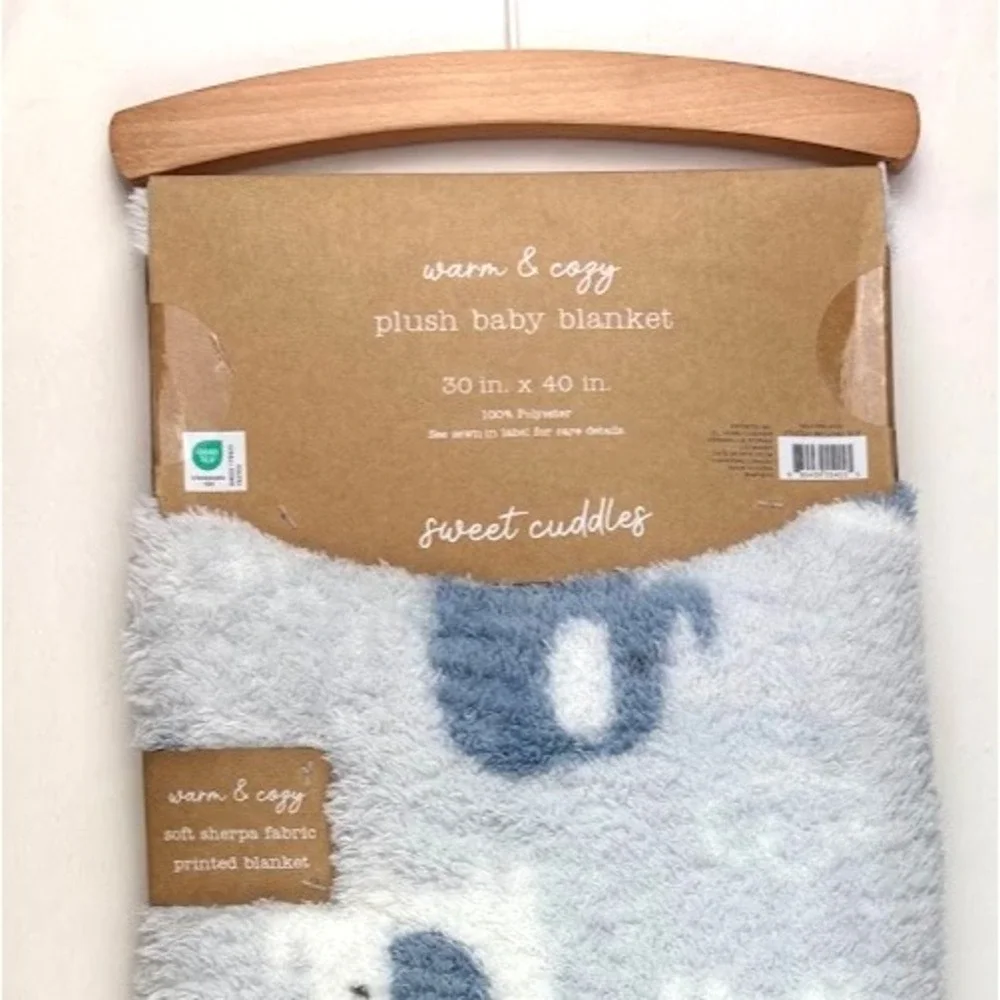 Sweet Cuddles SL Home Fashions‎ Gray Blue Elephant White Baby Blanket Soft NWT